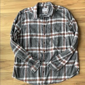 Grey, orange, and white plaid flannel